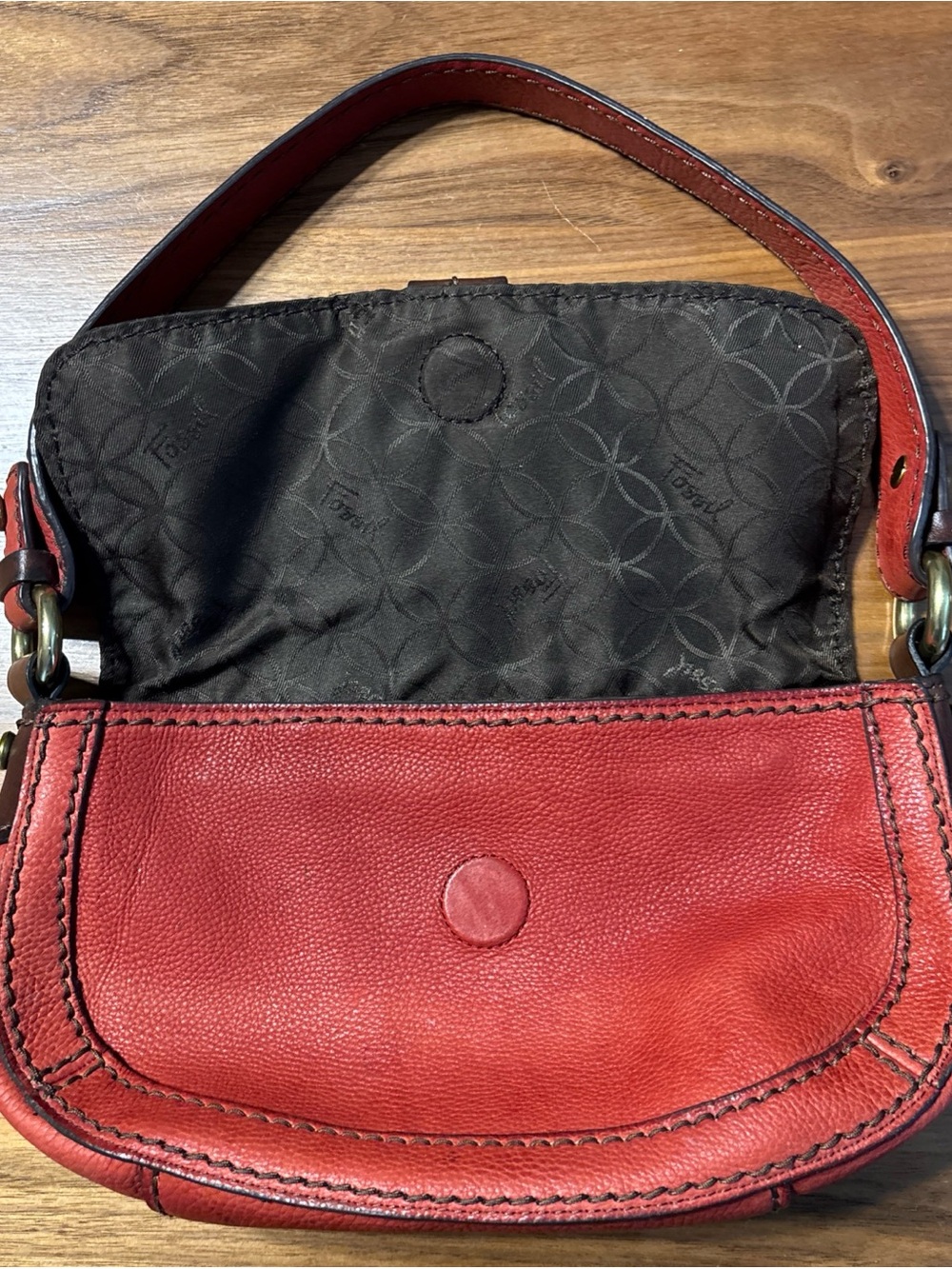 VTG Fossil Handbag Red Leather Baguette Purse Brass Patina Y2K 90s - Picture 2 of 4